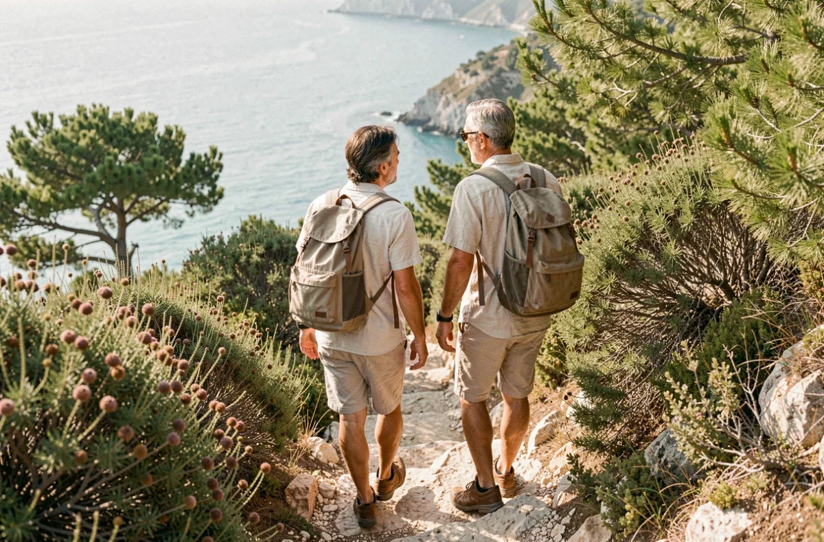 Couple de randonneurs sur le sentier d'accès à la Plage des 3 Pointes à Bonifacio en Corse du Sud