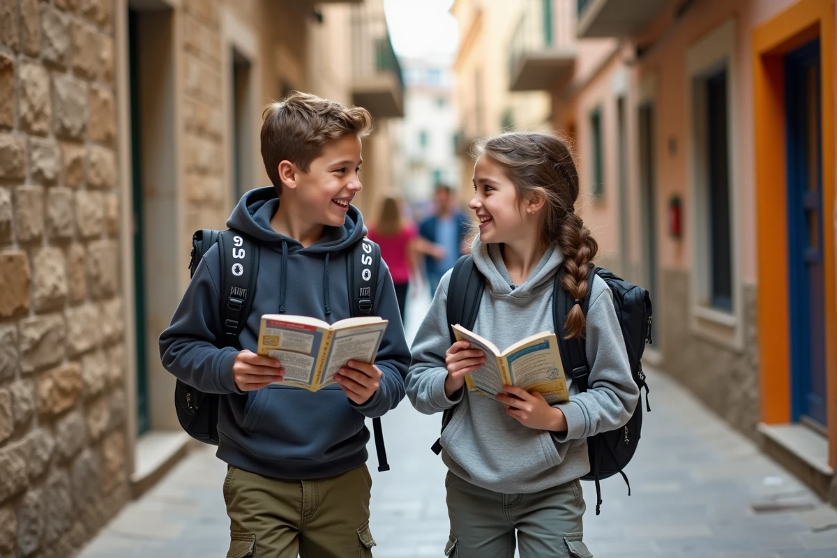 Deux adolescents riant dans une rue méditerranéenne animée