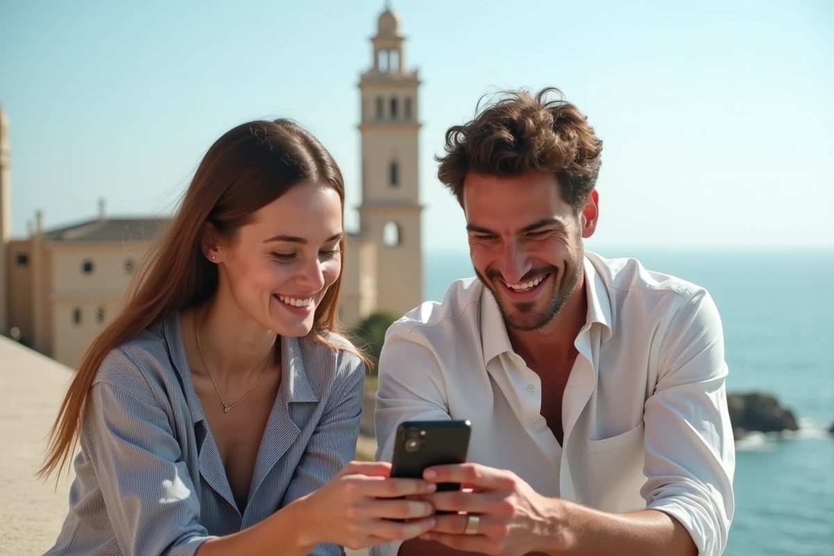 Deux amis consultant un forfait international sur smartphone près de la mosquée Hassan II à Casablanca