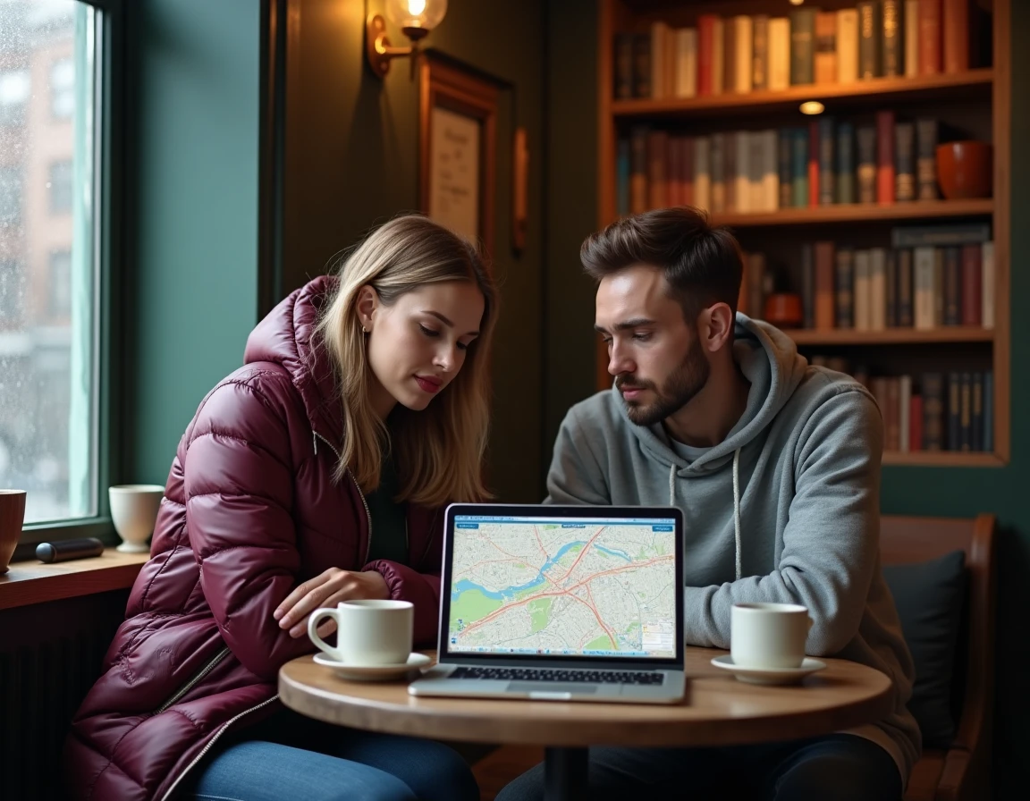 Deux amis planifiant leur itinéraire touristique à Londres sur un ordinateur portable dans un café victorien chaleureux