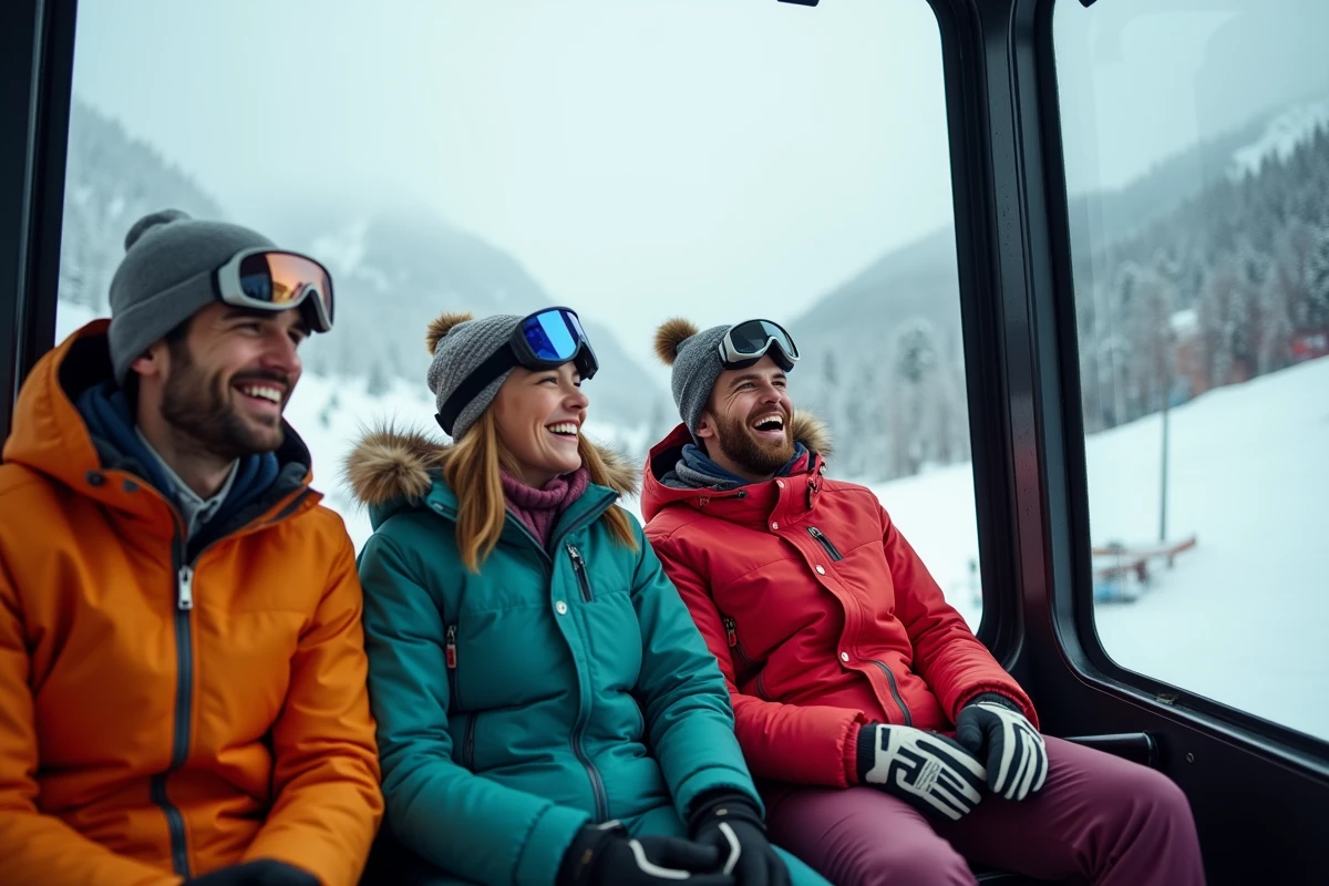 Groupe d'amis dans une télécabine d'une station de ski accessible depuis Paris, admirant le panorama enneigé par la fenêtre