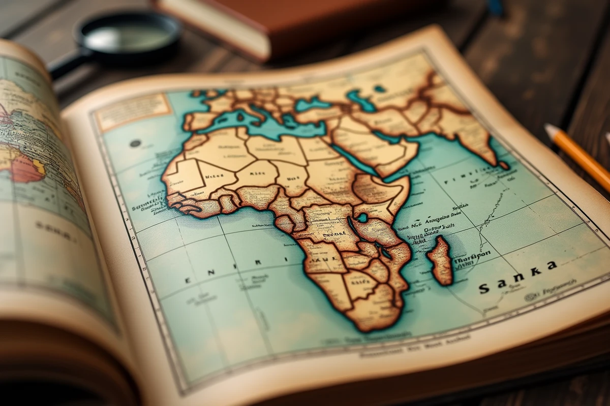 Gros plan sur une page d'atlas vintage représentant la carte du Sénégal en Afrique avec des annotations manuscrites indiquant Dakar