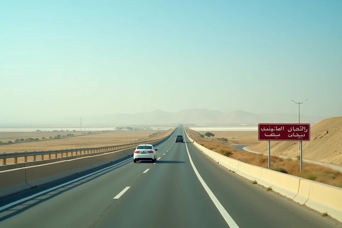 Vue aérienne de l'autoroute A1 entre Monastir et Tunis avec voitures et bus en circulation
