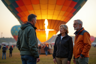 Groupe d'amis écouteur d'un pilote près d'un ballon au lever du jour