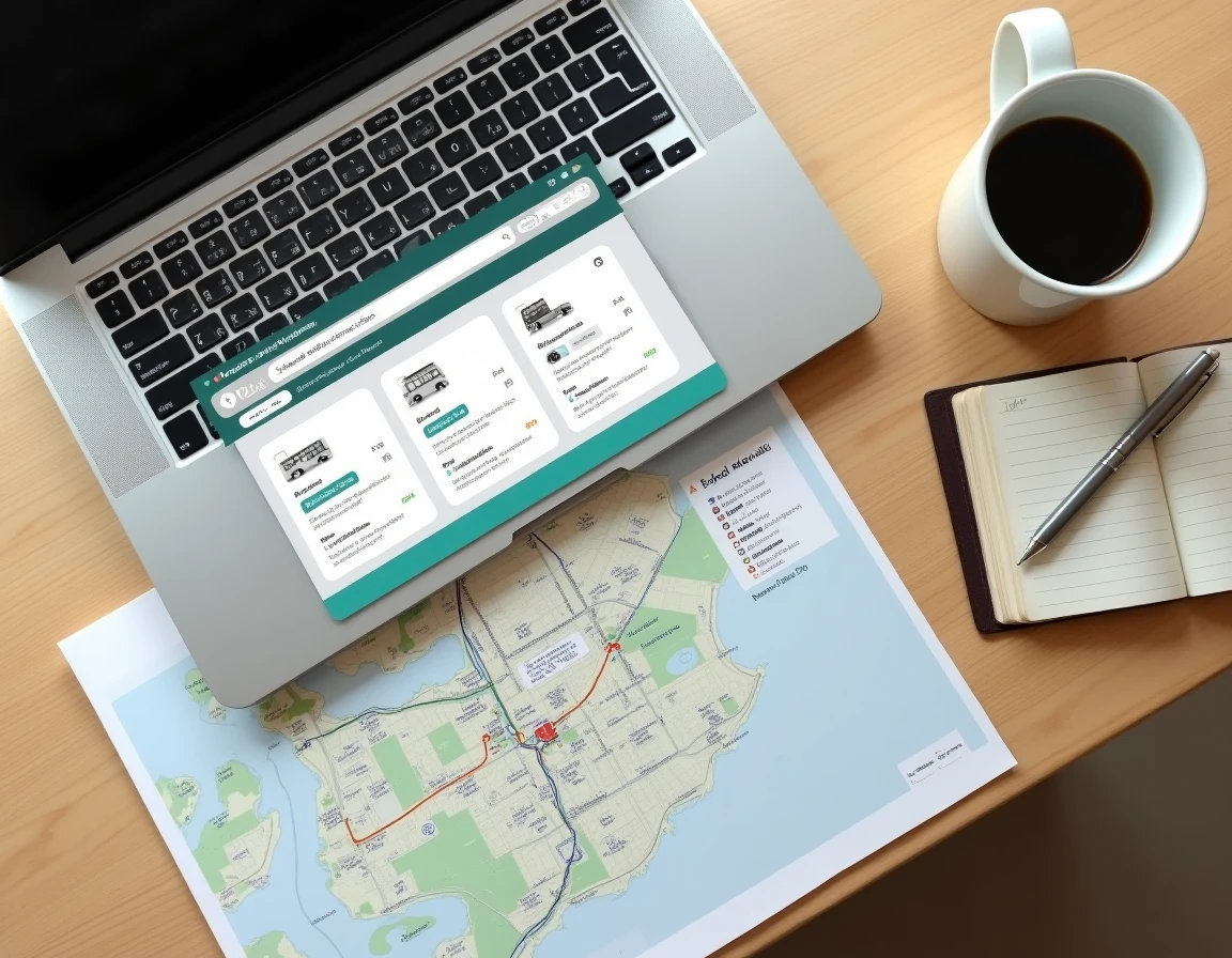 Vue de dessus d'un bureau avec un ordinateur affichant Mappy et une carte de transports en commun pour planifier un itinéraire de bus