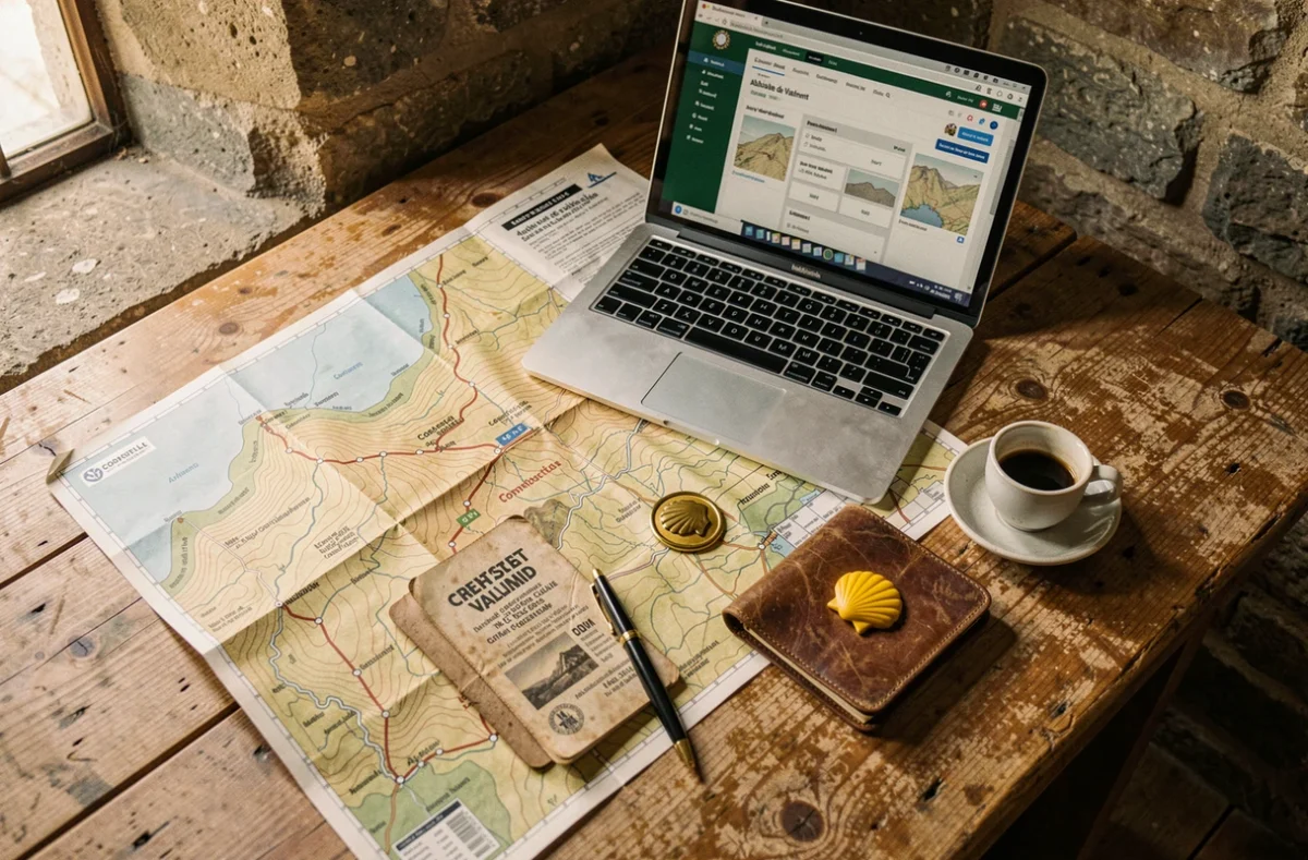 Vue aérienne d'un bureau de préparation au pèlerinage de Compostelle avec carte, calculateur en ligne et crédential de pèlerin