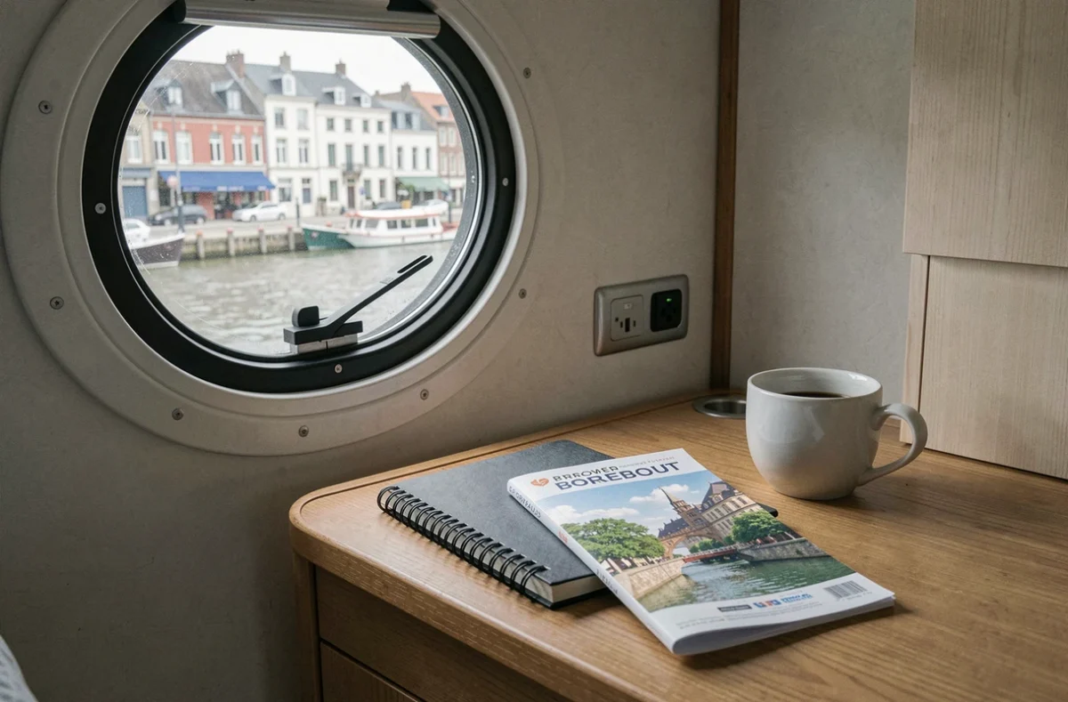 Intérieur d'une cabine de croisière fluviale à Bordeaux avec brochure d'itinéraire et cahier de budget