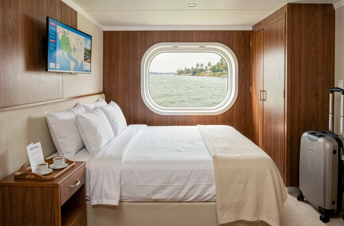 Cabine standard d'un bateau de croisière tout compris sur le Nil avec vue sur le fleuve et literie blanche