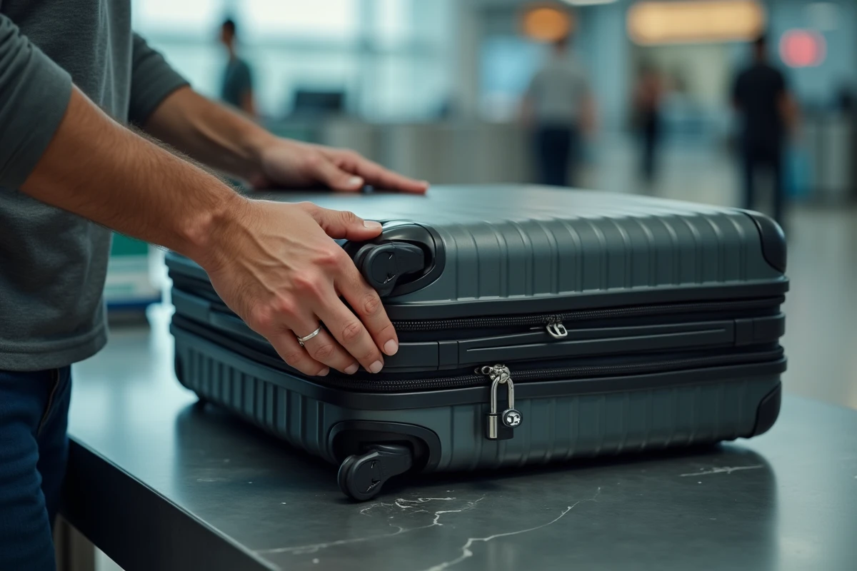 Voyageur fixant un cadenas TSA approuvé sur les fermetures éclair d'une valise rigide au comptoir d'enregistrement