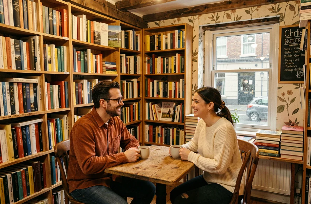 Deux amis attablés dans un café librairie indépendant et insolite du centre de Londres