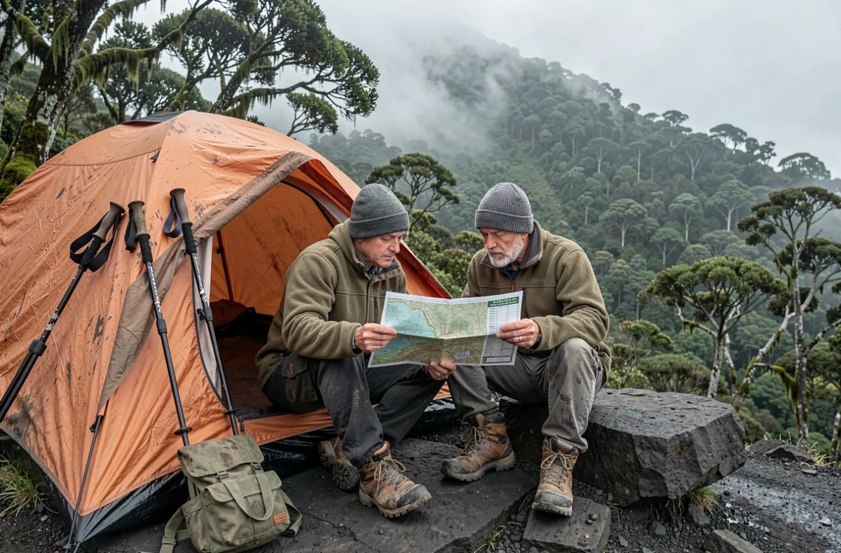 Deux randonneurs consultant une carte topographique au camp de base sur les pentes du volcan Nyiragongo dans la forêt afromontagnarde du Kivu