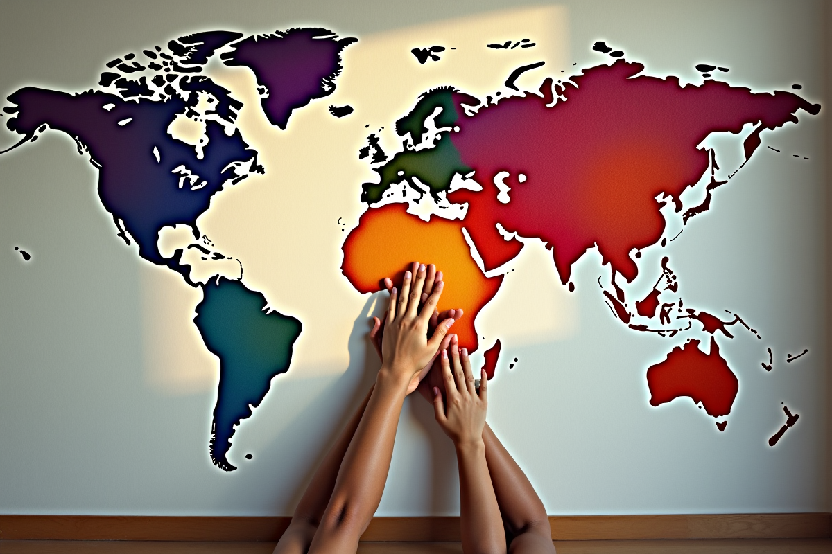 Main de différentes couleurs sur une carte du monde colorée