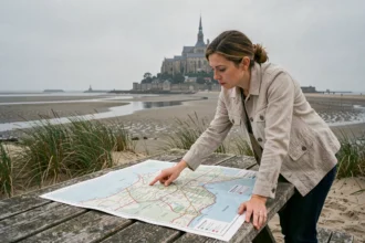 Femme consultant une carte routière de Normandie avec le Mont-Saint-Michel en arrière-plan