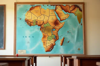 Carte détaillée du Sénégal affichée sur un tableau de liège en salle de classe avec Dakar marqué et les régions administratives visibles