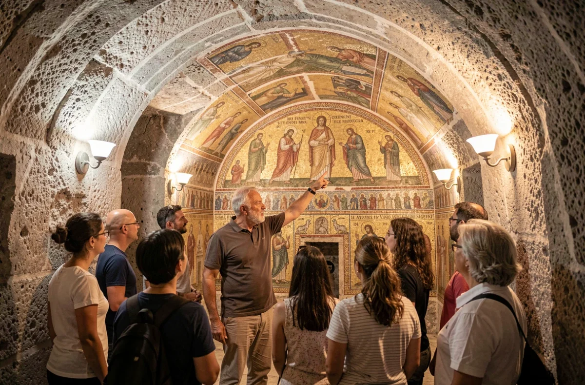 Guide touristique présentant des fresques byzantines dans les catacombes cachées de San Gennaro à Naples