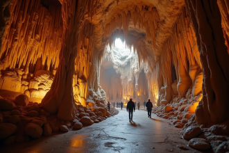 Caverne souterraine avec stalactites et stalagmites illuminées