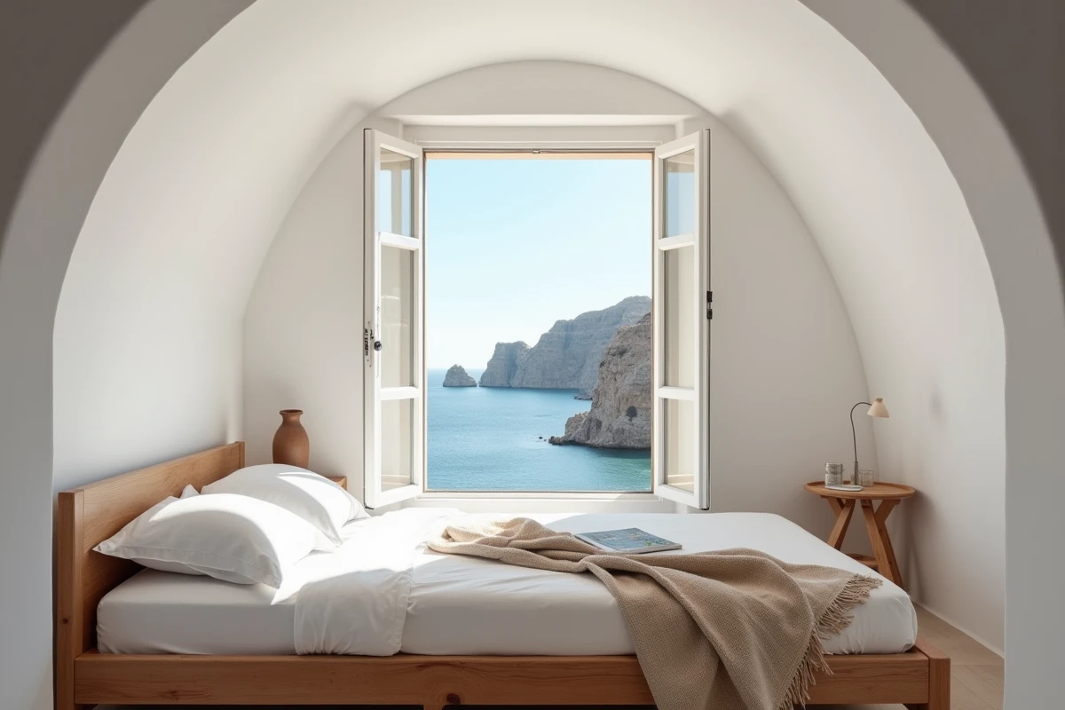 Chambre d'hôte cycladique à Folegandros avec plafond voûté blanchi et fenêtre ouverte sur la mer Égée