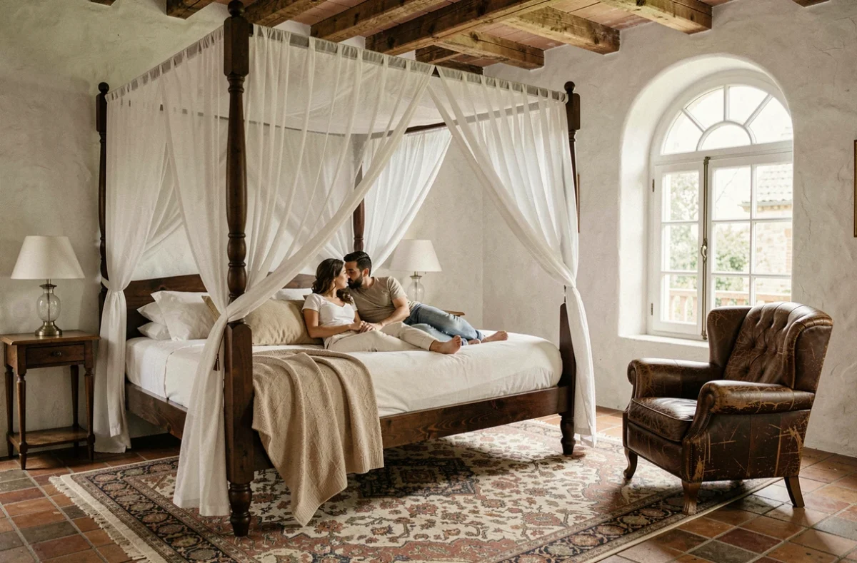 Chambre romantique à baldaquin des Chambres Du Marais avec un couple se reposant dans une ambiance chaleureuse