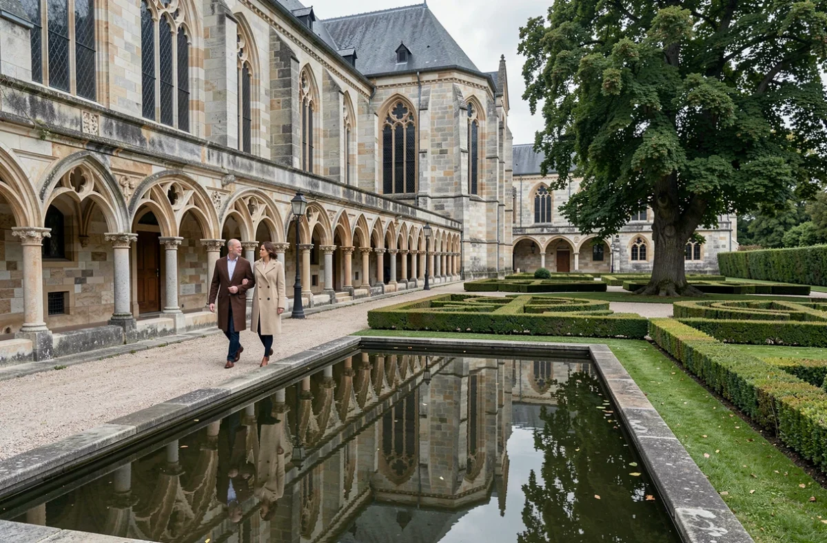 Cloître médiéval de La Chartreuse du Val Saint-Esprit à Gosnay avec un couple se promenant sous les arcades