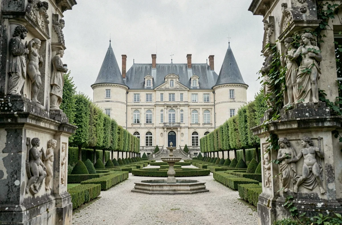 Le Château d'Avesnes à Avesnes-en-Bray avec son allée arborée et son jardin à la française