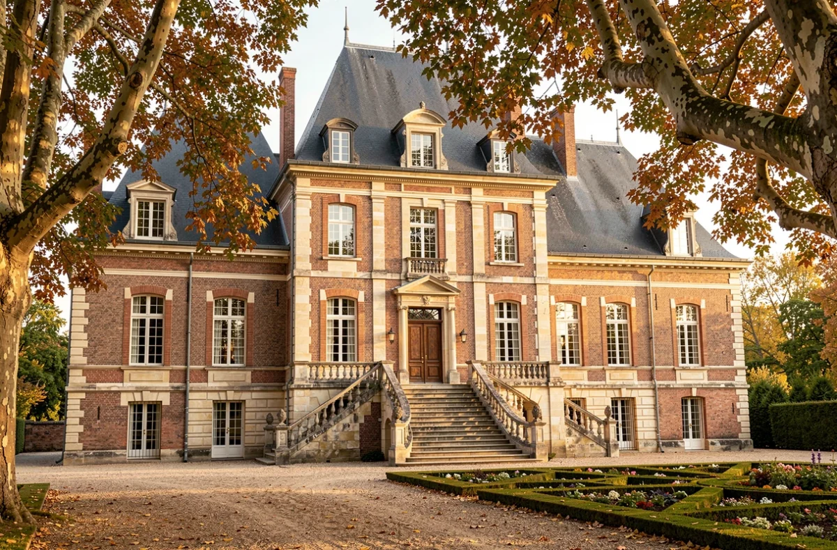 Le Château de Miromesnil à Tourville-sur-Arques avec sa façade en brique et pierre du XVIIe siècle
