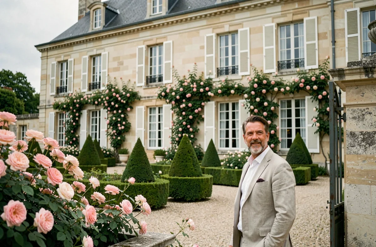 Façade du Château de Montreuil entourée de rosiers grimpants et de jardins à la française