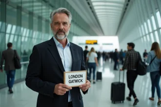 Chauffeur de taxi professionnel tenant une pancarte London Gatwick à la sortie des arrivées de l'aéroport