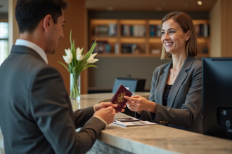 Femme d'âge moyen au check-in d'hôtel avec réceptionniste