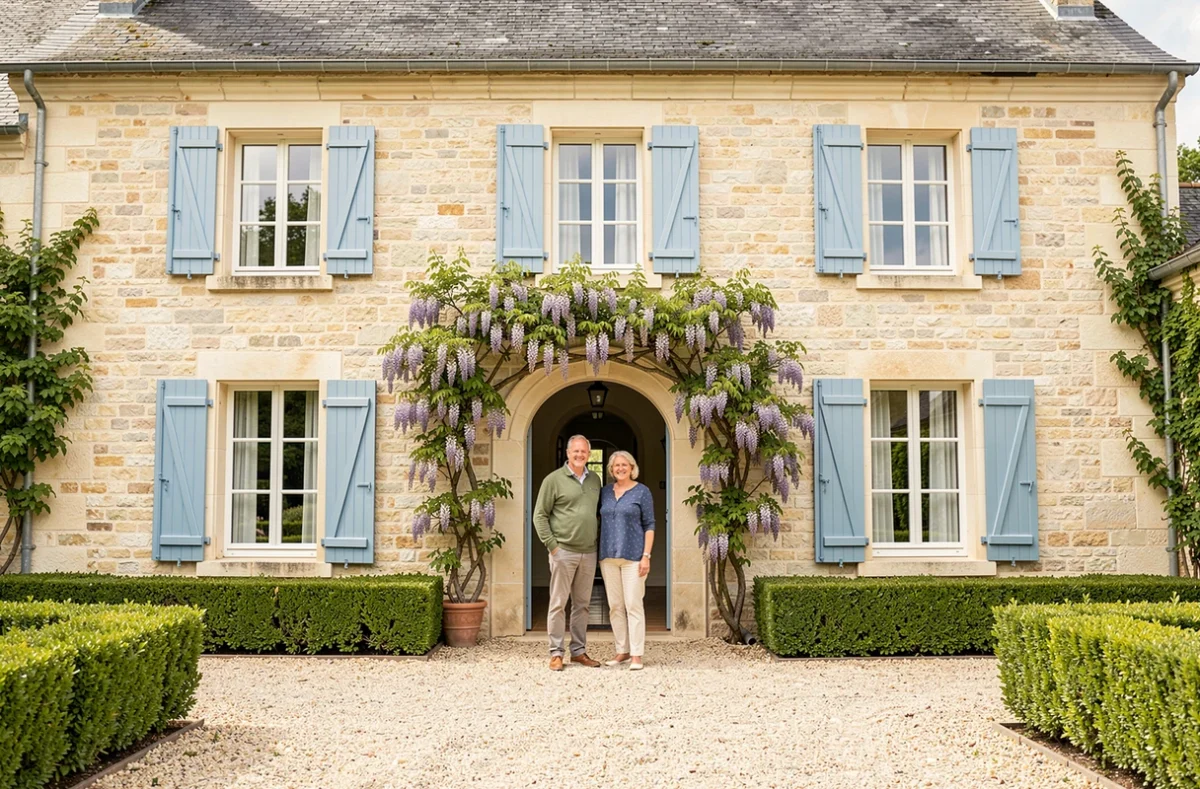 Façade en pierre calcaire du Clos Saint-Martin à Caudry avec volets bleus, glycine grimpante et un couple souriant sous l'arche de l'entrée