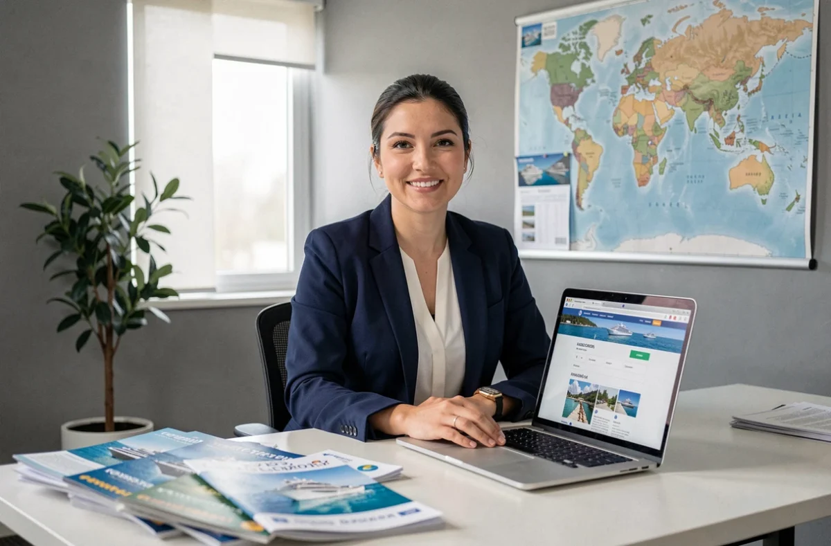 Conseillère en voyage présentant des brochures de croisière dans un bureau moderne