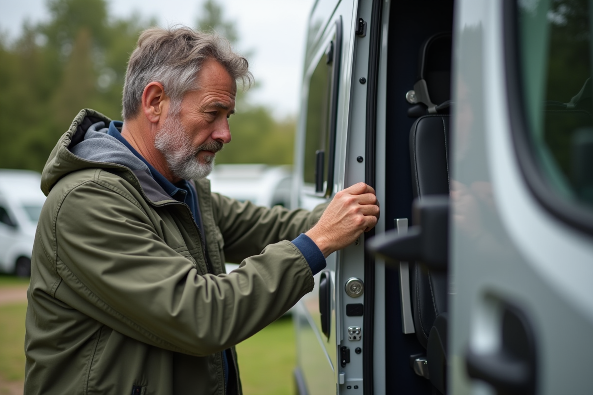 Homme vérifiant l'alignement d'une porte de van aménagé