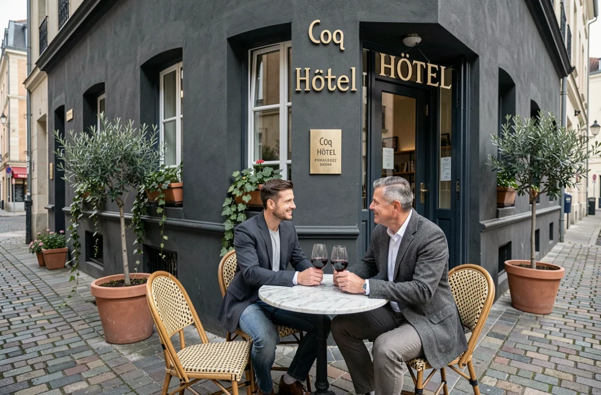 Terrasse du Coq Hôtel avec un couple dégustant un verre de vin à une table en marbre