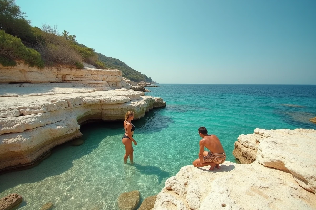Couple explorant les rochers calcaires de la côte sauvage de Monopoli en Puglia avec une eau turquoise transparente