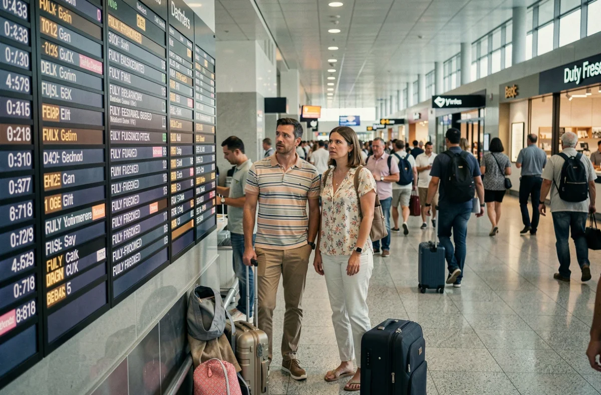 Couple stressé dans un aéroport bondé en août consultant un tableau des départs avec des vols complets et des retards