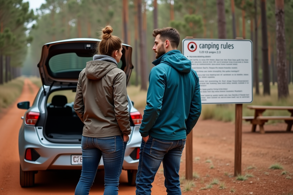 Jeune couple lisant panneau de camping en Australie
