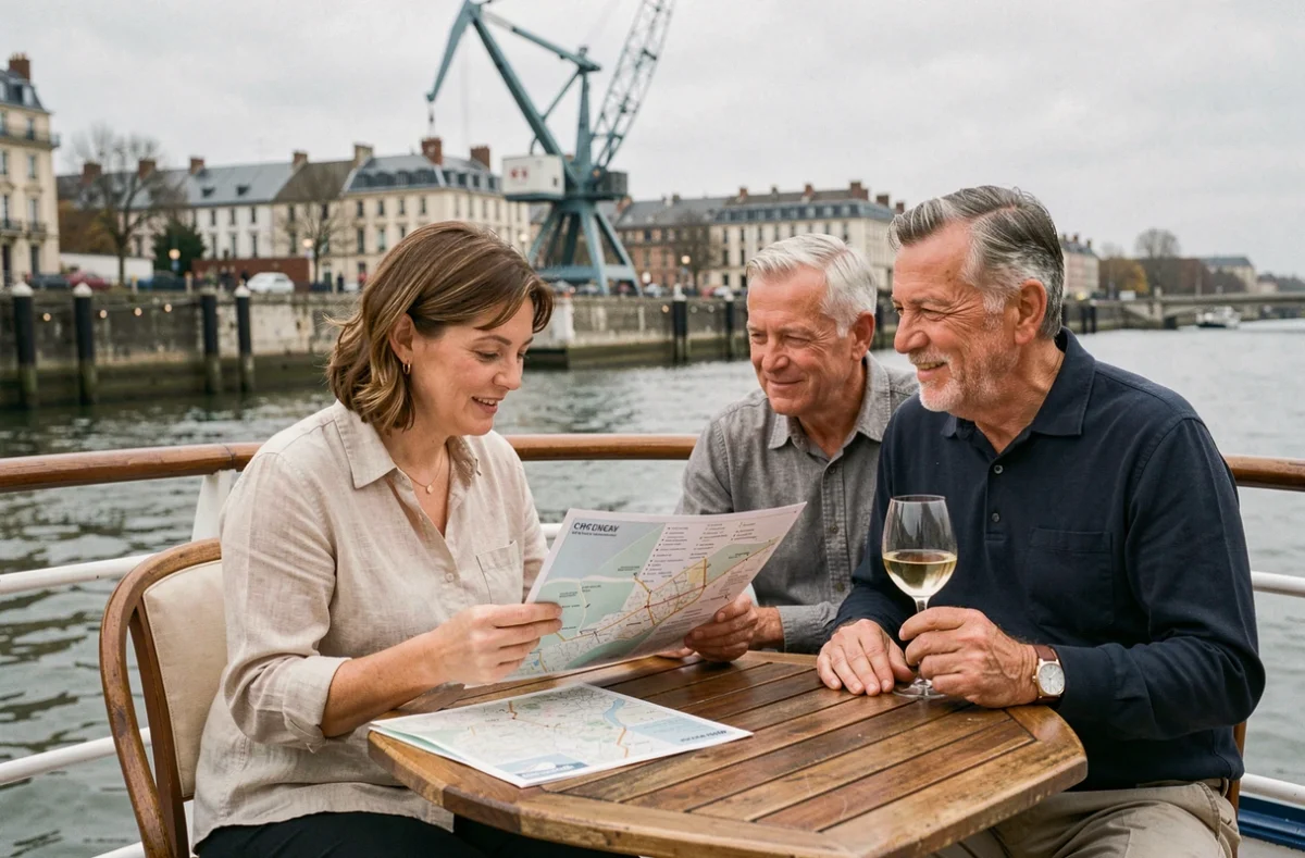 Couple en croisière sur la Garonne consultant un itinéraire fluvial sur le pont d'un bateau à Bordeaux