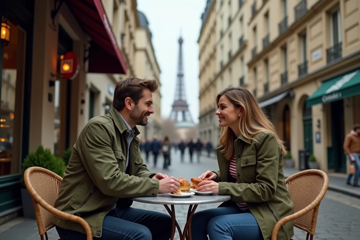 Couple attablé en terrasse de café parisien près du Trocadéro avec vue sur la tour Eiffel