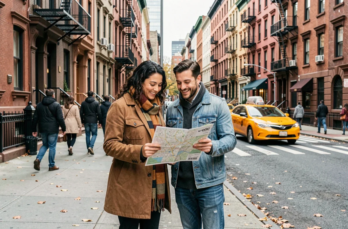 Couple de voyageurs consultant une carte papier dans une rue typique de Manhattan lors d'un week-end express