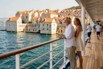 Couple sur le pont d'un bateau de croisière en Croatie face à la vieille ville de Dubrovnik