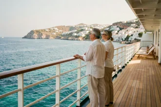 Couple en croisière méditerranéenne admirant une côte depuis le pont d'un paquebot