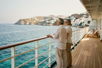 Couple en croisière méditerranéenne admirant une côte depuis le pont d'un paquebot