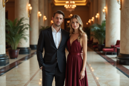 Jeune couple chic dans un lobby luxueux d'hôtel