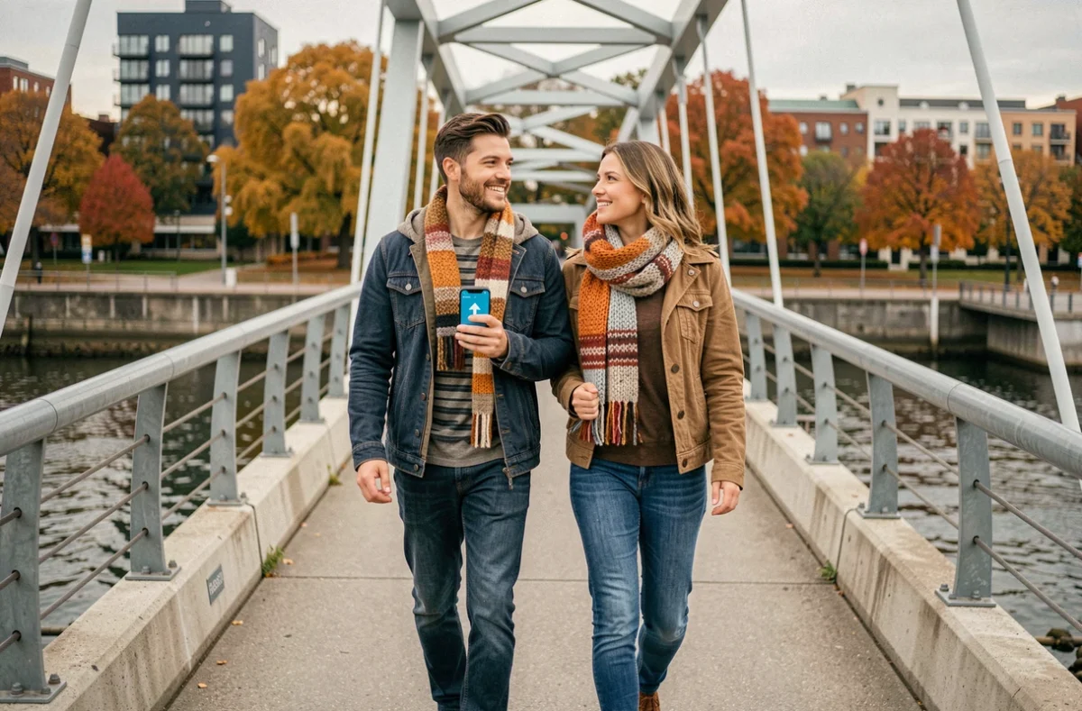 Couple utilisant Google Maps pour un itinéraire à pied sur un pont urbain en automne