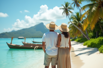 Couple souriant au bord du lagon turquoise en Tahiti