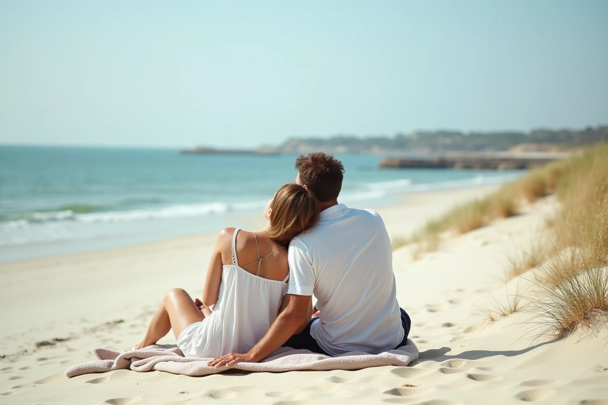 Couple assis sur une plage déserte près de la Cotinière à Oléron, partageant un moment intime face à l'océan Atlantique