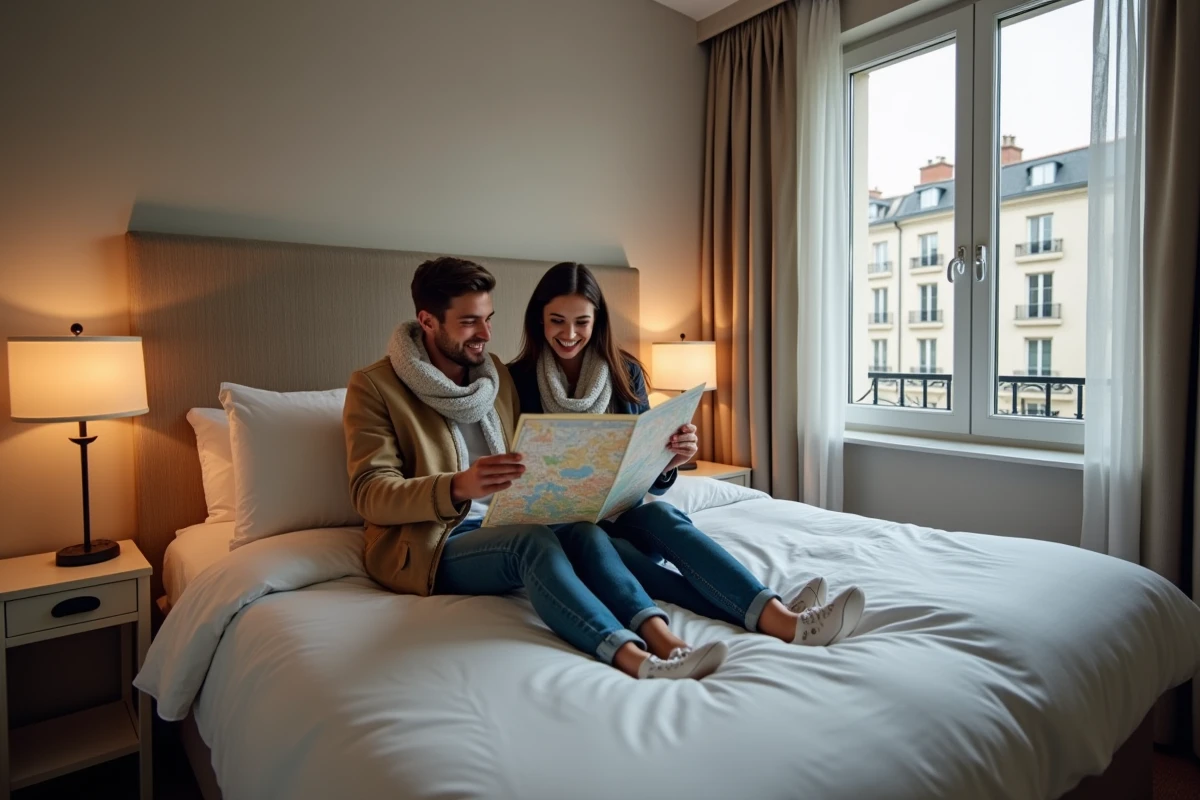 Jeune couple regardant une carte dans une chambre d