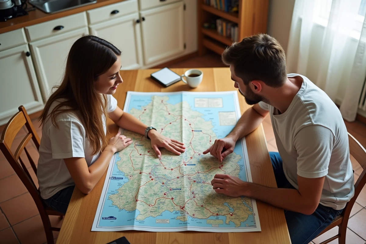 Couple planifiant un trajet routier en France avec une carte Michelin dépliée sur une table de cuisine pour optimiser l'itinéraire et éviter les bouchons