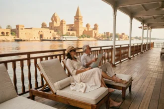 Couple de voyageurs en croisière sur le Nil profitant du pont panoramique avec vue sur les temples égyptiens