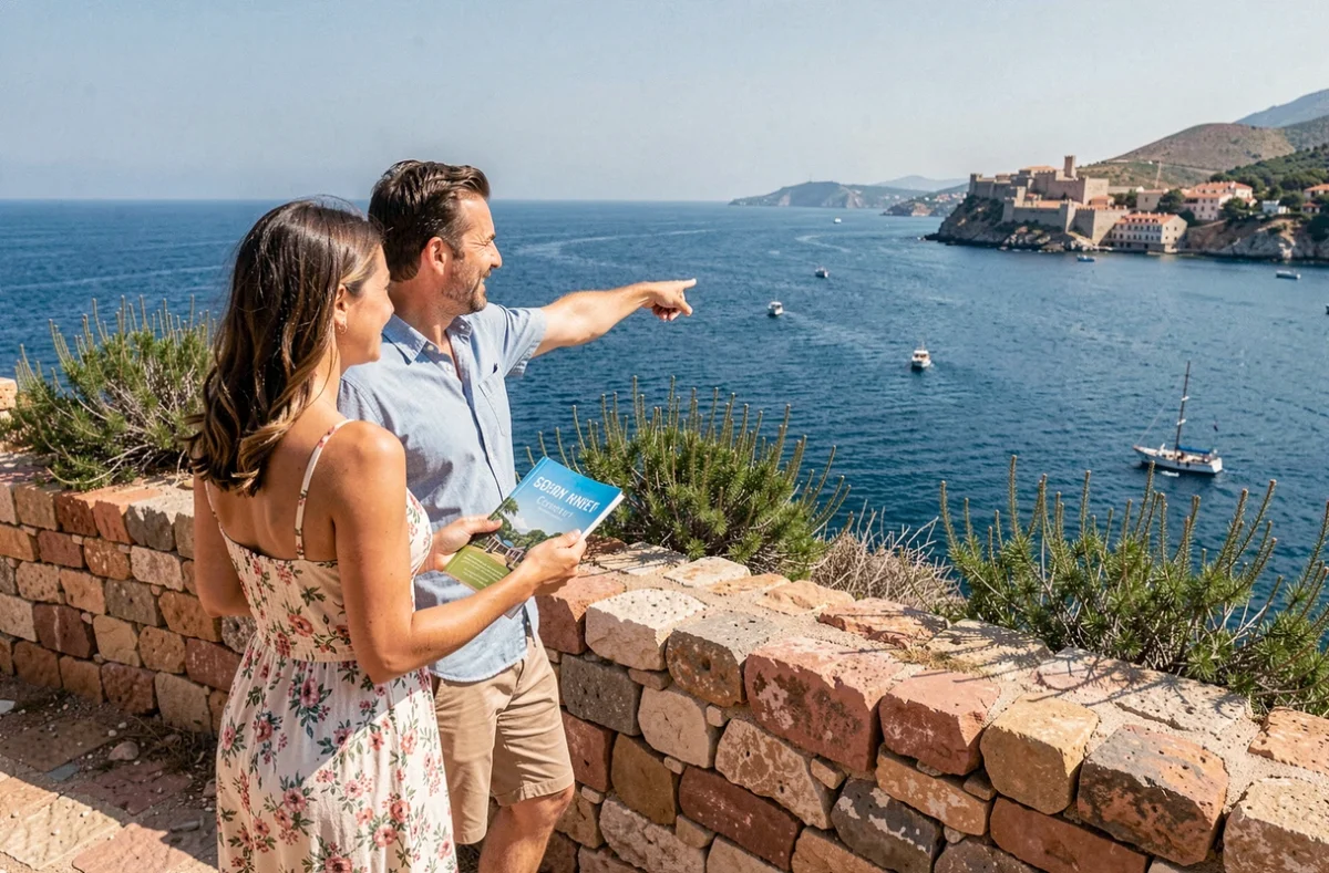 Couple de voyageurs profitant d'un panorama côtier méditerranéen lors de leur premier voyage à l'étranger organisé via une agence en ligne