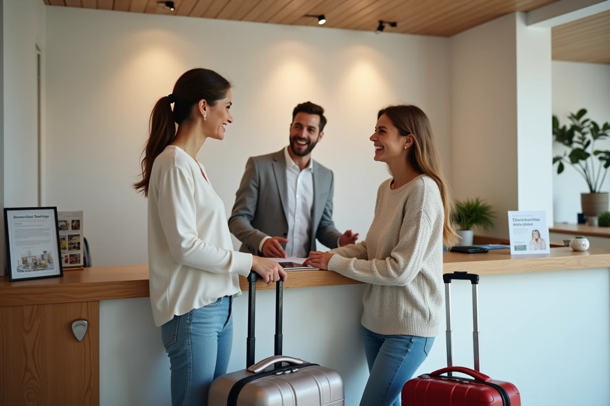 Couple souriant check-in à l'hôtel moderne